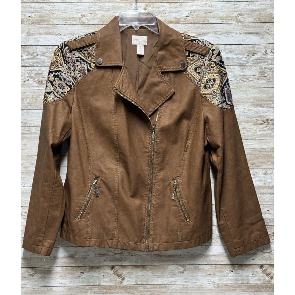 Chicos 2 Jacquard Moto Jacket Large Brown Southwestern Cowgirl Faux Leather Boho